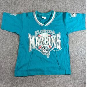 VINTAGE 90s MLB Florida Marlins Shirt Boys Teal Baseball Graphic Tee USA Small
